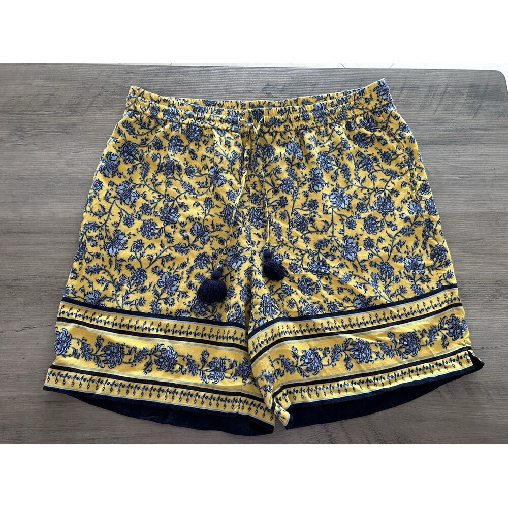 J.JILL Blue Yellow French Provençal Floral Rayon Shorts Size M Womens Pull On